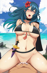 1girls absurd_res alternate_costume beach bikini bikini_top black_bikini black_swimsuit blue_eyes bottomless breasts byleth_(fire_emblem) byleth_(fire_emblem)_(female) cape cowgirl_position cum cum_in_pussy cum_inside female female_focus female_on_top female_penetrated fire_emblem fire_emblem:_three_houses fire_emblem_heroes girl_on_top hair_flower hi_res hibiscus knife lainart large_breasts long_hair male nintendo ocean official_alternate_costume open_mouth outdoors pov red_flower sex solo_focus swimsuit teal_hair tongue tongue_out vaginal_penetration rating:Explicit score:50 user:kris923