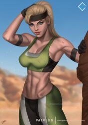 1girls 2021 2d abs blonde_hair blue_eyes cleavage evandromenezes female female_only fit_female fully_clothed gloves headband looking_at_viewer midriff mortal_kombat mortal_kombat_3 smile solo sonya_blade sports_bra sportswear sweat white_skin yoga_pants rating:Questionable score:48 user:Alliyah_Cat