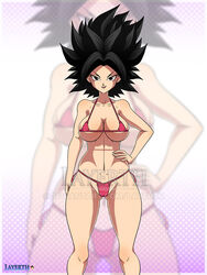 bikini black_hair caulifla dragon_ball dragon_ball_super fit_female hand_on_hip hourglass_figure large_breasts layerth looking_at_viewer pointy_hair saiyan rating:Questionable score:38 user:TheKindHaremMaster