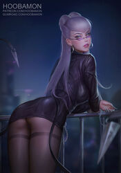 1girls ass black_jacket black_skirt breasts brown_legwear chains cowboy_shot earrings evelynn female female_focus female_only fingernails grey_hair highres hoobamon hoop_earrings jacket jewelry k/da_evelynn k/da_series large_breasts league_of_legends leaning_forward lipstick long_hair looking_at_another looking_at_viewer looking_back looking_over_eyewear looking_over_glasses looking_over_sunglasses night outdoors pantyhose parted_lips purple-tinted_eyewear railing sharp_fingernails shiny shiny_clothes skirt solo standing straight_hair sunglasses teeth tinted_eyewear rating:Questionable score:277 user:MrLW13