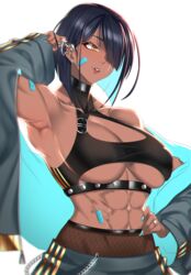 1girls abs anima_(togashi) breasts dark-skinned_female fit_female hair_over_one_eye muscular_female nephtys_(anima) underboob rating:Questionable score:173 user:fuzneck