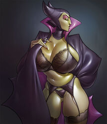 1girls 2022 ass_visible_through_thighs big_breasts bra breasts cape cleavage closed_eyes curvaceous curvy curvy_figure disney disney_villains eyeshadow female female_focus female_only garter_belt garter_straps green_skin horns hourglass_figure humanoid large_breasts lingerie maleficent ph pinup ring sleeping_beauty_(1959_film) solo solo_female thick_thighs villain voluptuous witch rating:Questionable score:304 user:Ruff23