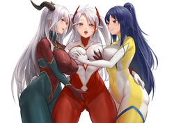 3girls aegir_(azur_lane) antenna_hair arm_around_waist azur_lane blue_hair bodysuit breast_grab breasts brown_hair cameltoe closed_mouth covered_navel covered_nipples cowboy_shot eye_contact fingering fingering_through_clothes grabbing green_bodysuit grope groping groping_breasts hair_ornament horns large_breasts long_hair looking_at_another looking_at_viewer multicolored_bodysuit multicolored_clothes multicolored_hair multiple_girls open_mouth original ponytail prinz_eugen_(azur_lane) red_bodysuit red_hair silver_hair simple_background smile standing streaked_hair through_clothes twintails very_long_hair white_background white_bodysuit yellow_bodysuit yuri zero_a rating:Explicit score:134 user:bot