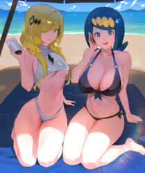 2022 2girls alternate_breast_size beach beach_umbrella bikini blonde_hair blue_bikini blue_eyes blue_hair breast_size_difference breasts clothing female female_only green_eyes hair_ornament hair_over_one_eye hips holding_object hood_x_art huge_breasts human lana's_mother_(pokemon) long_hair looking_at_viewer lusamine_(pokemon) mature_female milf mob_face mother naughty_face nintendo outdoors pale_skin pokemon pokemon_sm slim_waist small_breasts smile swimwear thick_thighs thighs very_long_hair white_bikini wide_hips rating:Questionable score:536 user:Cero_Oscuras