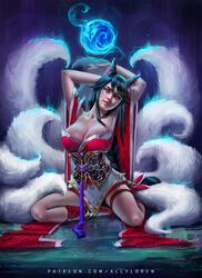 ahri ally_loren amber_eyes black_hair cleavage fox_ears fox_girl fox_tail kneeling large_breasts league_of_legends long_hair rating:Questionable score:43 user:TheKindHaremMaster