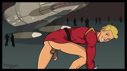  1boy bent_over big_penis blonde_hair circumcised dark_penis exposed_ass exposed_penis flaccid_penis futurama looking_at_viewer male male_only red_bones testicles yaoi zapp_brannigan  rating:explicit score: user:bot