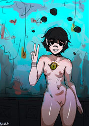    black_eyes black_hair hair lizel oc pubic_hair small_breasts smile water  rating:explicit score: user:lizel