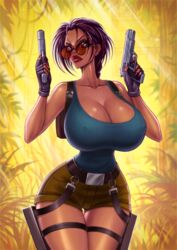 1girls abs akiranime bag bare_shoulders bimbo braided_hair braided_ponytail breasts brown_eyes brown_hair busty cleavage collarbone dick_sucking_lips dual_wielding eyewear female female_focus female_only fingerless_gloves firearm gloves gun handgun handwear highres holster huge_breasts human lara_croft lara_croft_(classic) lips lipstick long_hair looking_at_viewer looking_over_eyewear looking_over_glasses looking_over_sunglasses navel pistol red-tinted_eyewear short_shorts shorts sole_female solo solo_focus straps sunglasses tagme tank_top thigh_gap thighs tight_clothes tinted_eyewear tomb_raider weapon rating:Questionable score:90 user:MrLW13