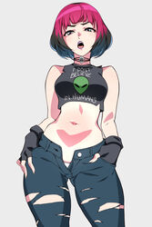 1girls ahe_gao anime_style belly belly_button black_hair female female_only fingerless_gloves fortnite fortnite:_battle_royale from_below hand_in_pocket iogrunt looking_at_viewer mouth_open multicolored_hair panties pink_hair ripped_pants sunny_(fortnite) text video_games waist zipper_down rating:Questionable score:198 user:fapnite