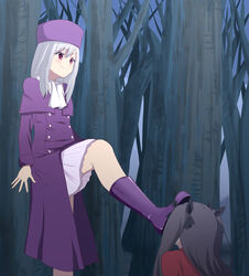 2girls against_tree black_hair blush boot_on_face boots bow brainwashing buttons cloak dress eyebrows eyebrows_visible_through_hair eyelashes eyelashes_visible_through_hair fate/stay_night fate_(series) female female_only femdom femsub foot_fetish footwear forest forest_background hair_ornament hat hypnosis hypnotic_smell illyasviel_von_einzbern kneeling leg_up light-skinned_female light_skin long_hair multiple_girls open_hand purple_clothing purple_eyes red_clothing resisting scarf skirt skirt_lift smile standing_on_one_leg stepped_on stepping_on_face stepping_on_female tohsaka_rin white_hair ze_r0_ze_r0 rating:Questionable score:95 user:Chibu