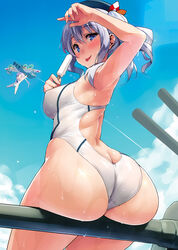 2girls :p aircraft airplane akitsushima_(kantai_collection) arched_back arm_up armpits ass ass_cleavage ass_support bare_arms bare_shoulders beret black_headwear blue_eyes blue_sky bow breasts butt_crack cannon chibi chibi_inset cloud competition_swimsuit cowboy_shot day eyebrows eyebrows_visible_through_hair food from_behind hat hat_bow highres holding holding_food kantai_collection kashima_(kantai_collection) kekemotsu large_breasts lens_flare light_rays looking_at_viewer looking_back machinery melting_popsicle multiple_girls nishikitaitei-chan one-piece_swimsuit outdoors perky_breasts photoshop_(medium) popsicle propeller short_twintails silver_hair sitting sky sunlight swimsuit thighs tongue tongue_out turret twintails wavy_hair white_swimsuit rating:Questionable score:184 user:grimmriper25