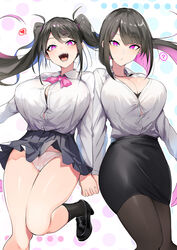 2girls ? bare_thighs black_bra black_hair blouse bob_cut breasts busty cleavage clothed clothing fangs female female_focus female_only heart holding_hands huge_breasts large_breasts long_sleeves luse_maonang milf mother_and_daughter open_mouth panties partially_clothed purple_eyes red_potato_rinrin school_uniform schoolgirl schoolgirl_uniform see-through_panties sharp_teeth shirt short_skirt skirt skirt_lift skirt_up tight_clothing tights tongue twintails two_tone_hair voluptuous yuuki_mama yuuki_nanase_(red_potato_rinrin) rating:Questionable score:423 user:CalZone