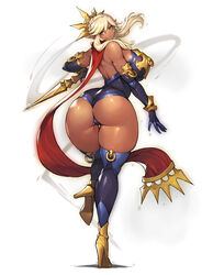 arched_back ass ass_focus back_view backless_outfit breasts crown dark-skinned_female dark_elf dark_skin elf elf_ears elf_female fat_ass gold_heels gurimjang hair_bun hair_ornament heels high_heels holding holding_object holding_weapon large_breasts long_gloves nipple_rings plump plump_ass pointy_ears sideboob tagme thick_ass thick_thighs thighhighs thighs weapon white_hair yellow_eyes rating:Questionable score:128 user:CalZone