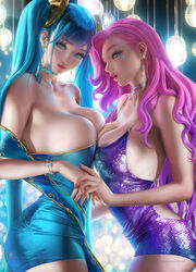 2girls big_breasts blue_eyes blue_hair choker dress earrings female female_only hand_holding jewelry league_of_legends looking_at_viewer pink_hair sakimichan seraphine_(league_of_legends) sona_buvelle watermark rating:Explicit score:334 user:slowboob