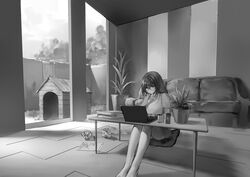 bangs big_ass big_breasts black_and_white bored braid braided_hair casual casual_clothes computer dog_house electronics female glasses greyscale hi_res highres huge_breasts human_female imminent_bestiality imminent_sex kennel laptop long_hair monochrome no_panties no_pants original plump plump_ass polki sitting thick_thighs twin_braids wide_hips rating:Questionable score:161 user:YokoXOXO