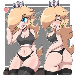 1girls 2022 alternate_costume artist_name ass big_ass big_breasts big_lips bimbo blonde_hair blue_eyes breasts closed_eyes clothed clothing crown earrings female female_only hair_over_one_eye heart long_hair mario_(series) multiple_views nintendo princess_rosalina regentb01 shiny_skin simple_background smile solo sports_bra star_earrings super_mario_galaxy thighhighs wide_hips rating:Questionable score:152 user:Redguy7