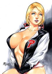 big_breasts dc_comics female female_only fred_benes karen_starr kryptonian power_girl solo_female varsity_jacket rating:Explicit score:68 user:Crcole331