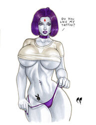 1girls big_breasts choker chris_foulkes dc dc_comics dialogue female female_only forehead_jewel playboy_bunny purple_hair rachel_roth raven_(dc) smooth_skin solo_female tattoo teen_titans thick_thighs thong underboob rating:Explicit score:107 user:Crcole331