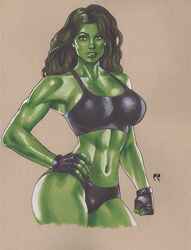 1girls artist_logo big_breasts chris_foulkes clothed clothed_female clothes clothing dark_green_hair dark_hair female female_only fingerless_gloves gloves green-skinned_female green_eyes green_hair green_skin hulk_(series) long_hair marvel marvel_comics mma_gloves muscular_female she-hulk solo sports_bra sports_panties sportswear toned toned_female rating:Questionable score:45 user:Crcole331