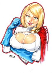 arm_under_breasts big_breasts blue_gloves bust_portrait dc_comics female female_only fred_benes gloves hand_drawn karen_starr kryptonian leotard power_girl solo_female white_leotard rating:Questionable score:43 user:Crcole331