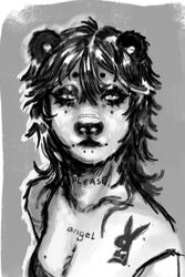  2:3 anthro bear black_hair breasts chest_tattoo cleavage clothed clothing dovesyin female fur giant_panda hair hi_res mammal messy_hair neck_tattoo portrait solo tattoo white_body white_fur  rating:questionable score: user:bot