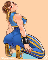 1girls ass black_eyes bodysuit bracelets brown_hair capcom chun-li eyeliner eymbee female female_only fully_clothed hair_bun hair_buns kneeling looking_at_viewer red_fingernails solo solo_female spiked_bracelet street_fighter street_fighter_alpha thick_thighs tiptoes rating:Questionable score:160 user:!nner$elf89