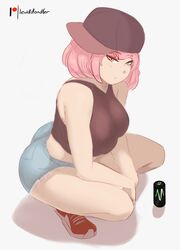 1girls 2020s 2022 ass baseball_cap big_ass big_breasts big_butt bird's-eye_view black_topwear blank_stare blue_bottomwear breasts cap curvy denim_shorts digital_art doki_doki_literature_club drink_can eyebrows_visible_through_hair eyebrows_visible_through_hat fat_ass female female_focus female_only hat headwear human jean_shorts jpeg kneeling large_ass large_breasts lewddoodler light-skinned_female light_skin looking_at_viewer manga natsuki_(doki_doki_literature_club) pink_eyes pink_hair short_hair shorts side_view sideways_baseball_cap sideways_hat simple_background sneakers solo solo_female squatting tagme tank_top thick_thighs thighs tomboy two_tone_hat voluptuous watermark white_background rating:Questionable score:181 user:InstantNoodulz