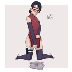 1girls aldwelter arm_warmers armwear bandage bandaged_leg black_eyes black_hair black_legwear blush boruto:_naruto_next_generations clothed clothing feet female female_focus female_only flat_chest forehead_protector glasses headband kneeling legwear light-skinned_female light_skin looking_at_viewer naruto naruto_(series) nervous no_panties on_knees petite sarada_uchiha short_hair shounen_jump shy sleeveless_shirt solo solo_female solo_focus sweat sweatdrop thighhighs toeless_legwear toeless_socks toes undressing rating:Questionable score:148 user:419941