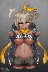 ^^^ alternate_breast_size artist_name bandeau bare_shoulders black_coat black_panties blush breast_expansion breasts character_name clenched_hands clothes_writing coat cowboy_shot cropped_legs dark-skinned_female dark_skin eyebrows_visible_through_hair fangs female girls'_frontline green_eyes grey_background grey_hair hair_ribbon highres klin_(girls'_frontline) large_breasts letter_hair_ornament long_sleeves looking_down navel open_clothes open_coat open_fly open_mouth open_shorts panties panty_peek ponytail ribbon scarf short_hair shorts skindentation solo standing stomach surprised tearing_up thick_eyebrows underboob underwear v-shaped_eyebrows vana yellow_ribbon yellow_scarf rating:Questionable score:76 user:grimmriper25