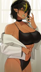 1girls abs asymmetrical_hair bare_midriff bare_shoulders big_breasts black_bra black_hair black_legwear black_nail_polish choker cleavage collarbone crop_top dark-skinned_female dark_elf dark_hair dark_skin drooling earrings elf elf_ears elf_female fangs female female_only hair_between_eyes large_breasts lilith_(lilycious) lilycious long_sleeves looking_at_viewer midriff mole mole_on_breast mole_under_mouth multicolored_hair muscles muscular muscular_female nail_polish navel open_clothes pointy_ears short_hair six_pack tagme tongue two_tone_hair yawn yawning yellow_eyes yellow_hair yellow_tongue rating:Questionable score:180 user:CalZone