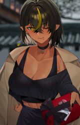 1girls abs bare_midriff bare_shoulders big_breasts black_bra black_hair black_legwear black_nail_polish choker cleavage collarbone cresent_moon crop_top cropped_sweater dark-skinned_female dark_elf dark_hair dark_skin earrings elf elf_ears elf_female female female_only hair_between_eyes holding_object lilith_(lilycious) lilycious long_sleeves looking_at_viewer midriff mole mole_on_breast mole_under_mouth multicolored_hair nail_polish navel open_clothes pointy_ears present short_hair six_pack tagme two_tone_hair valentine's_day wink winking winking_at_viewer yellow_eyes yellow_hair rating:Questionable score:80 user:CalZone