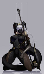 1girls ass axe bare_shoulders bare_thighs belt black_body black_skin breasts breasts_apart choker cleavage cleavage_cutout dark-skinned_female dark_skin female female_focus female_only fully_clothed fur_trim hands_behind_head headgear headwear holding_object holding_weapon horn horns ill_(ub1mo) inner_sideboob large_breasts legwear long_ponytail looking_at_viewer looking_down midriff navel navel_line necklace non-human on_knees ponytail robotic_arm rolled_up_sleeves short_hair short_sleeves side_view skin_pattern smile smirk solo solo_female solo_focus staff tail thick_tail thick_thighs ub1mo voluptuous white_hair wide_hips yellow_eyes rating:Questionable score:66 user:CalZone