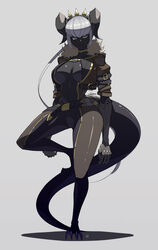 1girls ass bare_shoulders bare_thighs belt black_body black_skin breasts breasts_apart choker cleavage cleavage_cutout dark-skinned_female dark_skin female female_focus female_only front_view fully_clothed fur_trim headgear headwear holding_clothing horn horns hourglass_figure ill_(ub1mo) inner_sideboob large_breasts legwear long_ponytail looking_at_viewer midriff navel navel_line necklace non-human open_clothes open_shirt ponytail robotic_arm rolled_up_sleeves short_hair short_sleeves side_view skin_pattern skin_tight solo solo_female solo_focus standing standing_on_one_leg tail thick_tail thick_thighs ub1mo voluptuous white_hair wide_hips yellow_eyes rating:Questionable score:61 user:CalZone