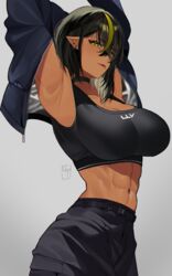 1girls abs armpits arms_up asymmetrical_hair bare_midriff bare_shoulders big_breasts black_bra black_hair black_legwear black_nail_polish choker cleavage collarbone crop_top dark-skinned_female dark_elf dark_hair dark_skin earrings elf elf_ears elf_female eyelashes fangs female female_only hair_between_eyes large_breasts lilith_(lilycious) lilycious long_sleeves looking_at_viewer looking_down midriff mole mole_on_breast mole_under_mouth multicolored_hair muscles muscular muscular_female nail_polish navel open_clothes open_shirt pointy_ears short_hair six_pack smirk smug tagme tomboy two_tone_hair yellow_eyes yellow_hair rating:Questionable score:203 user:CalZone