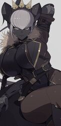 1girls ass belt black_body black_skin breasts choker cleavage cleavage_cutout dark-skinned_female dark_skin female female_focus female_only fully_clothed fur_trim headgear headwear horn horns ill_(ub1mo) large_breasts legwear long_ponytail looking_at_viewer midriff navel navel_line necklace non-human ponytail robotic_arm short_hair short_sleeves sitting skin_pattern solo solo_female solo_focus tail thick_tail thick_thighs ub1mo voluptuous white_hair wide_hips yellow_eyes rating:Questionable score:61 user:CalZone