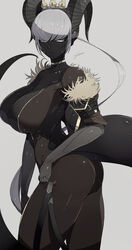 1girls ass bare_shoulders bare_thighs belt black_body black_skin breasts choker cleavage cleavage_cutout dark-skinned_female dark_skin female female_focus female_only fully_clothed fur_trim headgear headwear hexagonal_pattern horn horns ill_(ub1mo) large_breasts legwear long_ponytail looking_at_viewer midriff navel navel_line necklace non-human ponytail robotic_arm rolled_up_sleeves short_hair short_sleeves side_view silver_eyes skin_pattern solo solo_female solo_focus tail thick_tail thick_thighs ub1mo voluptuous white_hair wide_hips rating:Questionable score:68 user:CalZone