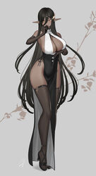 1girls 2021 bare_shoulders black_gloves black_hair blush breasts china_dress chinese_clothes cleavage cleavage_cutout dark-skinned_female dark_elf dark_elven_girl_(hayabusa) dark_skin dress elbow_gloves elf elf_ears elf_female eyebrows_visible_through_hair eyes_visible_through_hair female female_focus female_only gloves grey_background hair_between_eyes hair_ornament halterneck hand_on_chin hands_behind_head hayabusa highres inner_sideboob jewelry large_breasts long_hair looking_at_viewer mole mole_on_breast orange_eyes original pelvic_curtain plant pointy_ears sideboob simple_background skindentation solo solo_female solo_focus standing thick_thighs thighhighs thighs very_long_hair wide_hips rating:Questionable score:211 user:CalZone