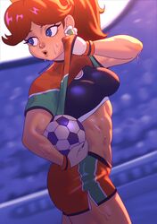 1girls abs blue_eyes crown earrings gloves looking_back mario_(series) mario_strikers muscular_female nintendo playzholder ponytail princess_daisy side_butt soccer_ball soccer_uniform sports_bra sweat sweaty tomboy rating:Questionable score:149 user:Cringeinator