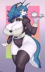 anthro big_breasts black_nose black_stockings blue_fur blue_hair blue_nails boob_window bowtie breasts canine canine_humanoid eyebrows eyelashes female female_only furry looking_at_viewer maid maid_uniform nipples_visible_through_clothing orange_eyes solo solo_female stockings sususuigi tagme tail thick_thighs white_body white_sclera wide_hips wolf rating:Explicit score:137 user:Rapattack12