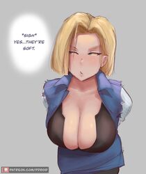 1girls 2022 android_18 artist_signature blonde_hair blue_eyes boobs bored bored_expression breast_focus breasts busty cleavage clothed_female dialogue disinterested dragon_ball dragon_ball_z english_text female female_only hanging_breasts hi_res huge_breasts impatient large_breasts leaning_forward paranoiddroid patreon_username short_hair showing_off_breasts simple_background talking_to_viewer text tits rating:Questionable score:450 user:Cero_Oscuras