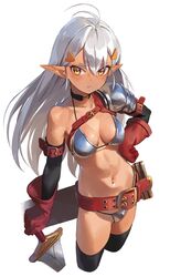 1girls armor bare_shoulders belt bikini bikini_armor black_legwear blush breasts brown_skin choker cleavage dark-skinned_female dark_elf dark_skin detached_sleeves elf fantasy female gloves kinta_(distortion) medium_breasts midriff original pointy_ears revealing_clothes silver_hair solo stomach string_bikini swimsuit sword thighhighs thighs yellow_eyes rating:Questionable score:101 user:oldspice1