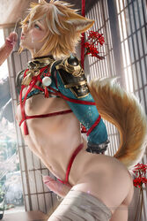 animal_ears arataki_itto bondage cum gay genshin_impact gorou_(genshin_impact) male male_only penis sakimichan tail twink yaoi rating:Explicit score:114 user:Juno22