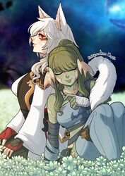 2girls amaterasu_okami au_ra closed_eyes clothing female female_only final_fantasy final_fantasy_xiv fox_ears fox_tail freckles green_hair green_skin hi_res horns kinkymation kneeling light-skinned_female light_skin long_hair looking_at_another miqo'te narrowed_eyes ponytail raen resting scales shino_senkatsu sitting sitting_on_ground smile tail white_hair wholesome yuri rating:Safe score:27 user:!nner$elf89