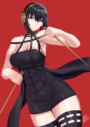 1girls abs assassin bangs black_dress black_hair black_legwear dress dual_wielding eyebrows_visible_through_hair eyes_visible_through_hair female female_only flower hair_flower hair_ornament highres holding knife red_background red_eyes ryo_(ryo_artys) solo spy_x_family stiletto_(weapon) thighhighs thorn_princess toned yor_briar rating:Questionable score:71 user:grimmriper25