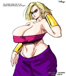 1girls alternate_version_available android_18 big_ass big_breasts big_butt blonde_hair blue_eyes bra bracelet caulifla_(cosplay) dragon_ball dragon_ball_super dragon_ball_z earrings edit embo english_text loose_clothes muscular_female nipples nipples_visible_through_clothing open_mouth prince_vegeta short_hair shounen_jump thick_thighs tight_clothing white_background rating:Explicit score:124 user:P_Vegeta