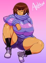 1girls =_= arkman brown_hair dark-skinned_female dark_skin female frisk gradient_background huge_breasts massive_ass muscular_thighs pink_background purple_background short_shorts simple_background sitting solo striped_sweater sweat taller_female thick_thighs thighhighs turtleneck undertale wide_hips rating:Questionable score:212 user:animeboy12