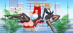 2girls akiranime anna_(akiranime) bakunyuu black_footwear black_high_heels black_legwear black_shoes black_stockings blonde_hair blue_eyes buildings bursting_breasts business_attire business_dress business_suit business_woman city_background curvaceous curvy_females drill_hair drill_locks drill_twintails enormous_breasts eyebrows eyelashes eyeliner eyeshadow eyewear_in_mouth glass_table glasses_in_mouth hi_res high_heels high_resolution highres hourglass_figure huge_breasts indoors leg_stockings legwear lips lipstick looking_at_viewer makeup massive_breasts mature_female mature_woman microdress milf minidress mother_and_daughter multiple_girls necktie nicole_(akiranime) office office_chair original original_characters pencil_skirt princess queen red_necktie revealing_clothes royalty seductive_eyes seductive_look seductive_smile sitting sitting_on_chair sitting_on_table skyscraper slicked_back_hair smile smiling_at_viewer straining_buttons tight_clothing tight_fit tight_skirt twintails unbuttoned unbuttoned_shirt wallpaper white_shirt window rating:Explicit score:96 user:ron50