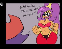 2girls black_eyes breasts brown_skin clothes comic_page dialogue english_text female female_only large_breasts lemonadepikachu multiple_girls purple_hair risky_boots shantae shantae_(character) solo_focus text twitch_lines rating:Safe score:34 user:ThatLewdDude