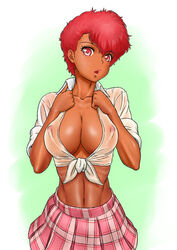 1girls 2011 big_breasts blouse breasts cleavage collared_blouse collared_shirt curvaceous dark-skinned_female dark_skin dirty_pair erect_nipples erect_nipples_under_clothes female female_only hi_res human kei_(dirty_pair) large_breasts lips looking_at_viewer midriff nipple_bulge nipples nipples_visible_through_clothing no_bra red_eyes red_hair renko_(gayosiz) school_uniform see-through see-through_clothing shirt short_hair skirt solo tied_shirt wing_collar rating:Questionable score:68 user:Mistress_Elizabeth