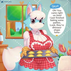 2022 animal_crossing anthro anthrofied apron baking baking_tray big_breasts blue_body blue_fur blush breasts button_shirt canid canine canis cleavage cleavage_cutout cleavage_window clothed clothing cookie cookies dialogue dialogue_bubble english_text eyelashes female female_only food fur furry furry_only gammainks housewife huge_breasts huge_hips interior_background large_breasts looking_at_viewer mature mature_female nintendo oven_mitts skye_(animal_crossing) smiling solo solo_female speech speech_bubble standing tail talking_to_viewer text text_bubble thick_thighs tight_clothes tight_clothing tight_fit video_games white_fur wholesome wide_hips wife wolf wolf_ears wolf_girl wolf_tail rating:Safe score:126 user:HawaiiPizza